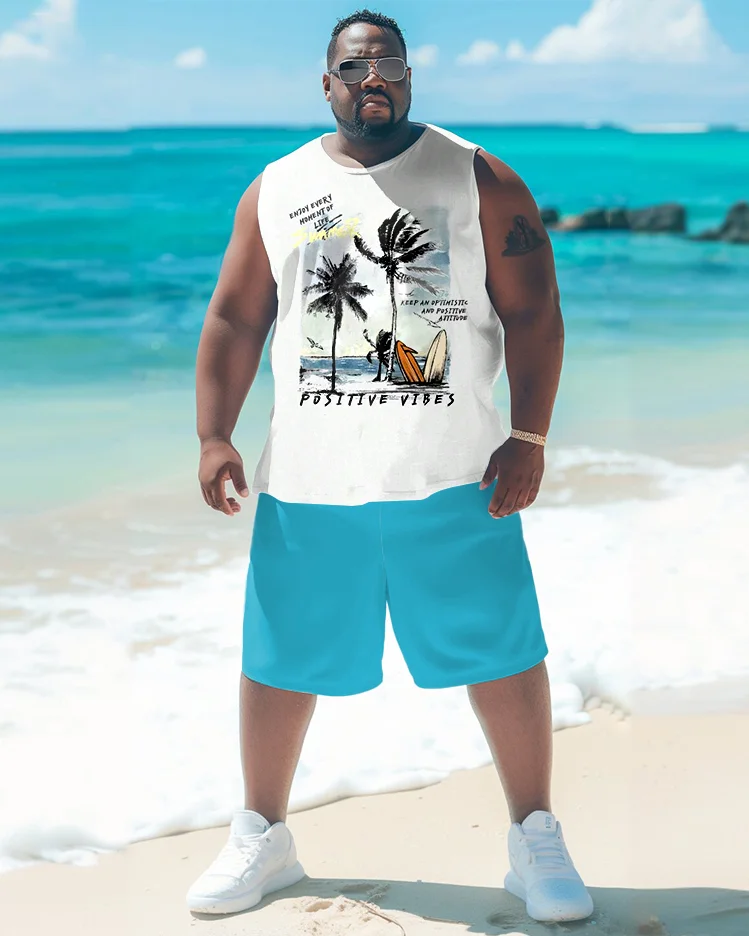 Men's Plus Size Hawaiian Floral Letter Print Vest Shorts Suit