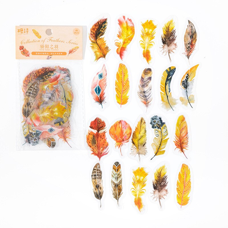 JOURNALSAY 40 Sheets Creative Feathers PET Waterproof Sticker Pack DIY Journal