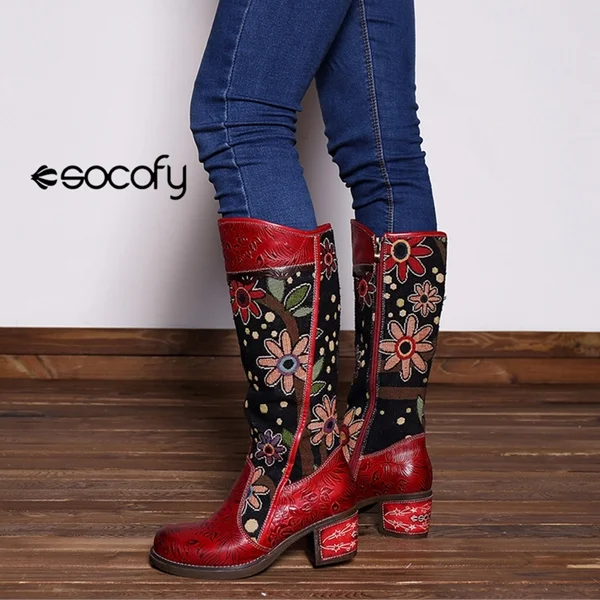 Socofy Women's Block Heel Retro Flower Pattern Genuine Leather Boots Splicing Comfortable Knee High Boots For Women Winter Ladies Flat Long Boots