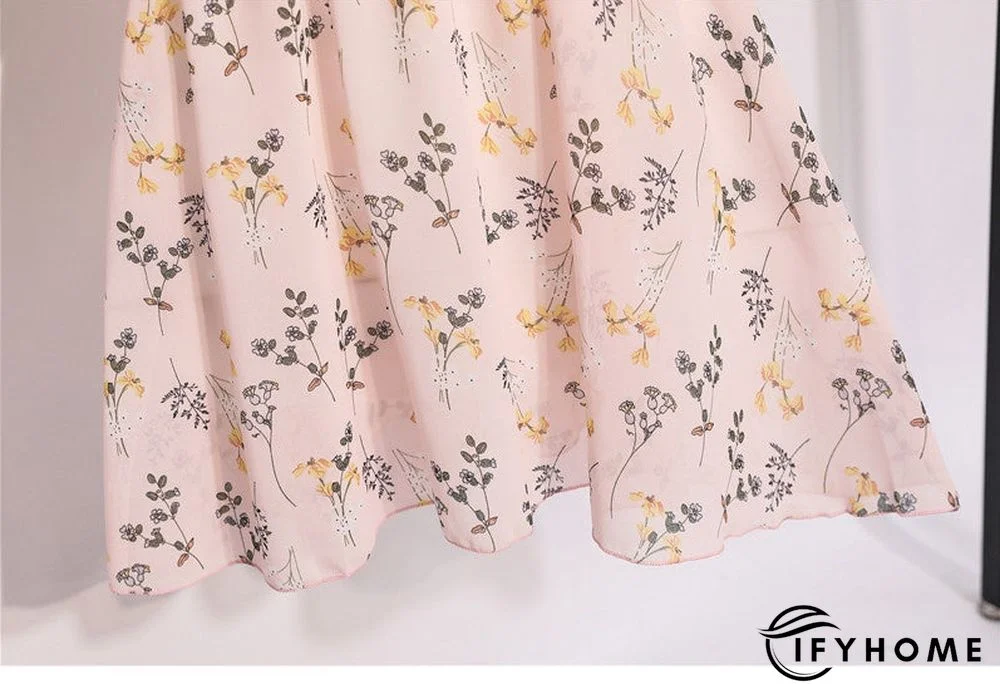 Spring Summer Chiffon Women V-Neck Floral Print Short Dresses Sweet Ruffle Sleeeve Slim Drawstring Ladies Dress | IFYHOME