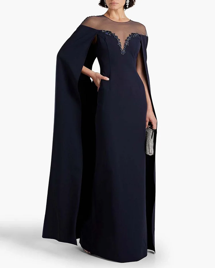 Cape-effect embellished tulle-trimmed crepe gown