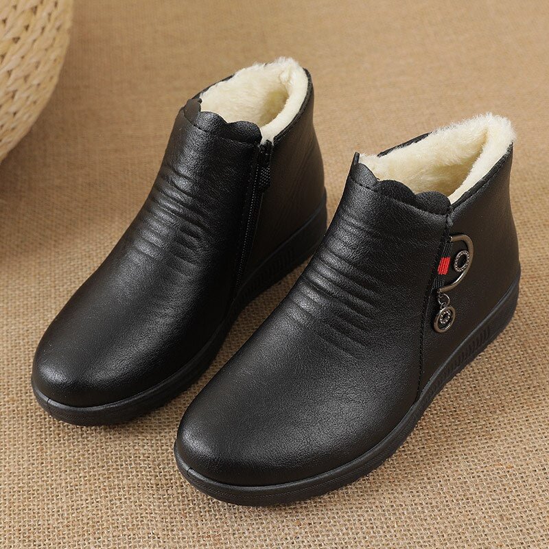 Metallic Leather Shoes Women's Winter Ankle Boots Ladies Waterproof Outdoor Flat Booties Woman Fur Lined Warm Shoes Female Boots