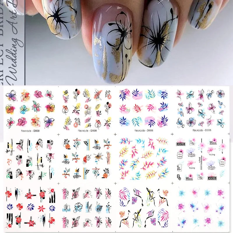 12pcs Valentines Manicures Love Letter Flower Transfer Stickers For Nails Inscriptions Nail Art Decoration Water Sliders Tips