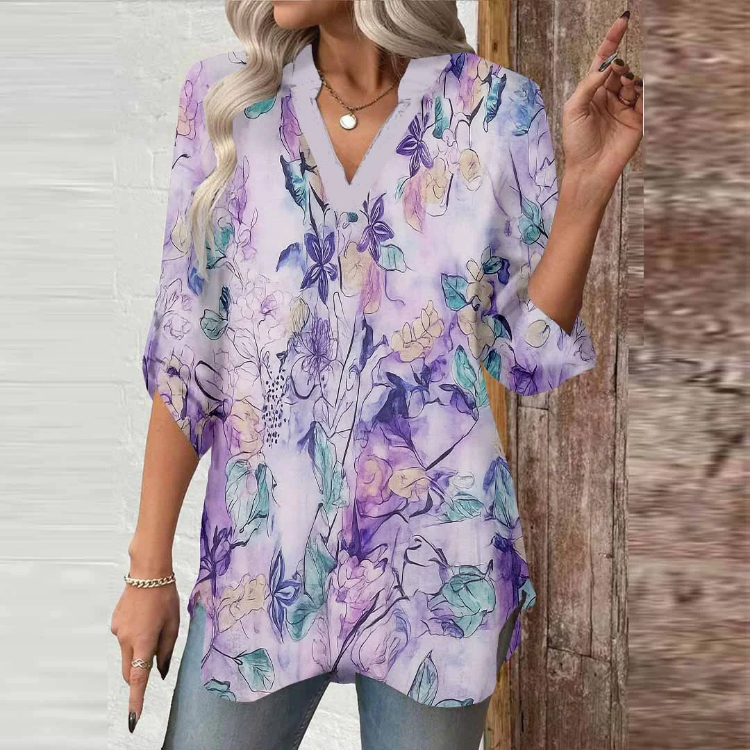 Women Floral,Purple,Green DZGA0580 3/4 Sleeve V-neck Printed Graphic Button Tops