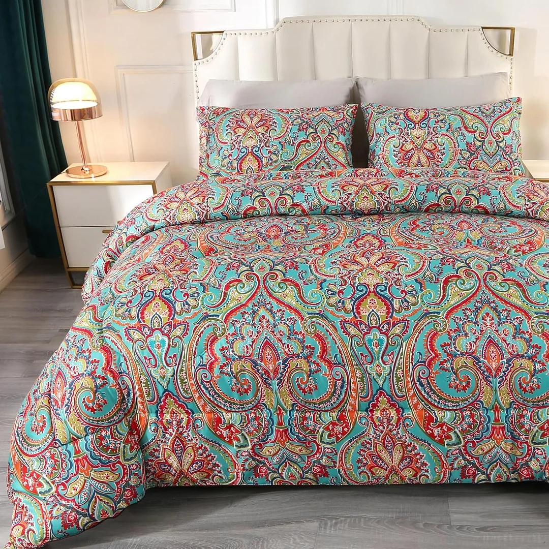 Qucover Comforter Set Boho, 3 Pieces Blue and Red Paisley Comforter Set Twin, Reversible Bohemian Floral XL Twin Comforter Sets for College Girls, with 2 Pillowcases, All Seasons