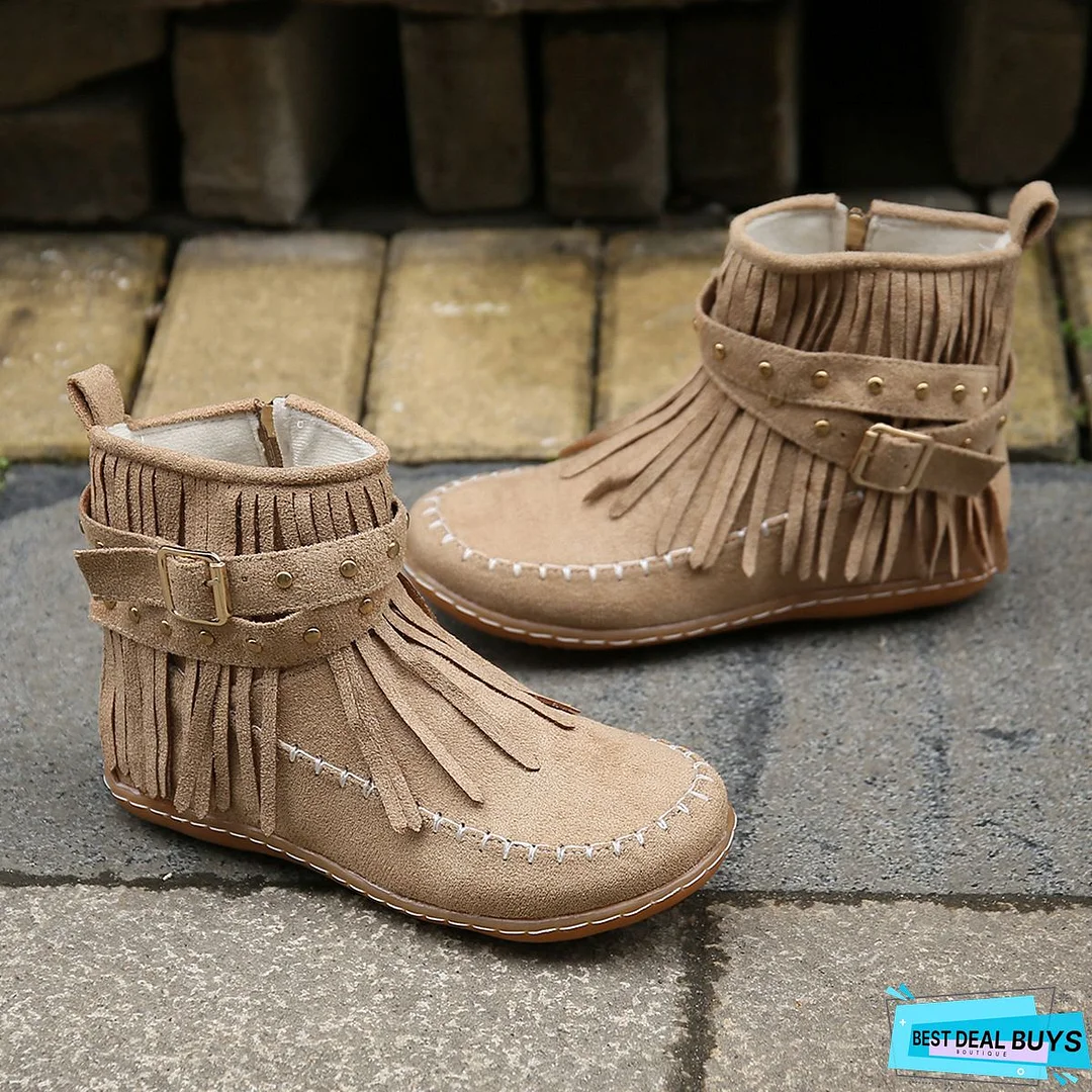 Brown Winter Flat Heel Tassel Boots