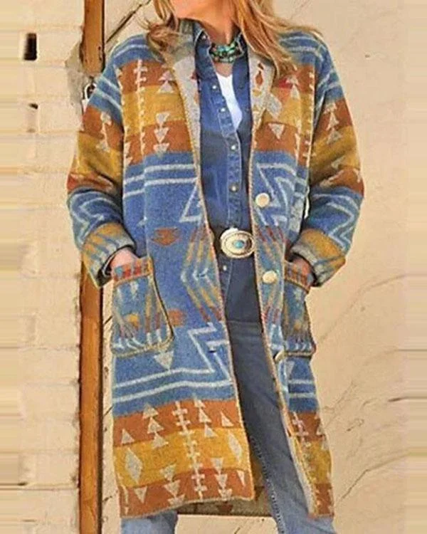 Color-block Print Buttons Down Pocket Vintage Coat