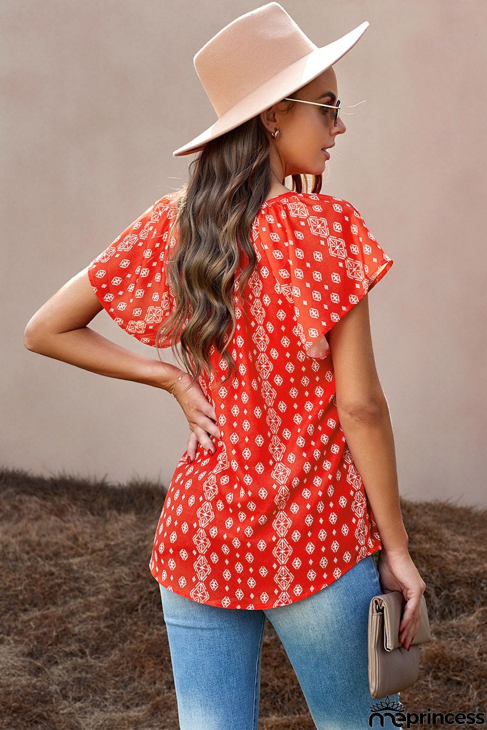 V-neck Short Sleeve Fashion Print Fantasy Fluttering Blouse