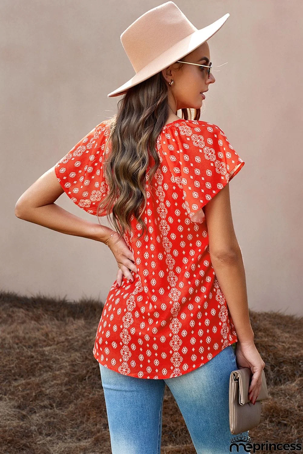 V-neck Short Sleeve Fashion Print Fantasy Fluttering Blouse