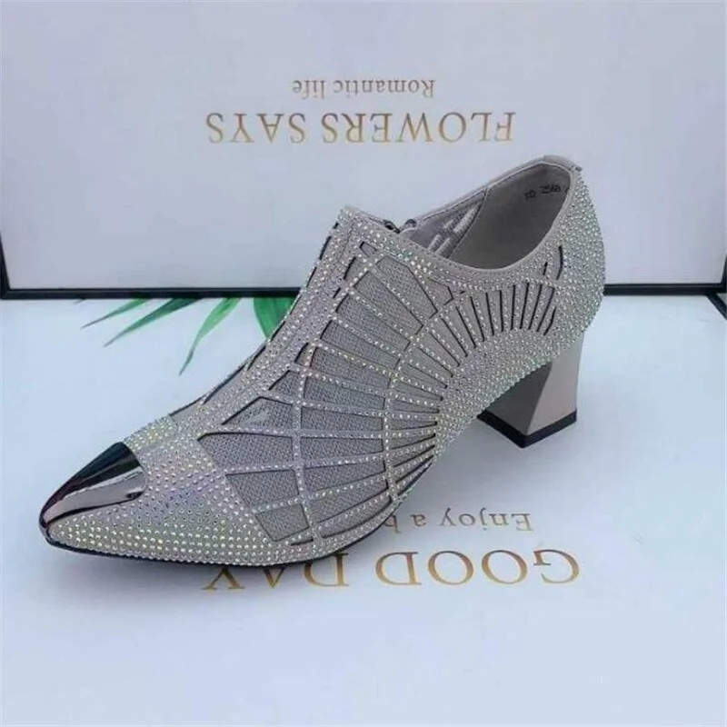 Qengg Women Naked Boots,Sexy Hollow Out Rhinestone Mesh Shoes,Fashion Summer Heels,Pointed Toe Boots 2021