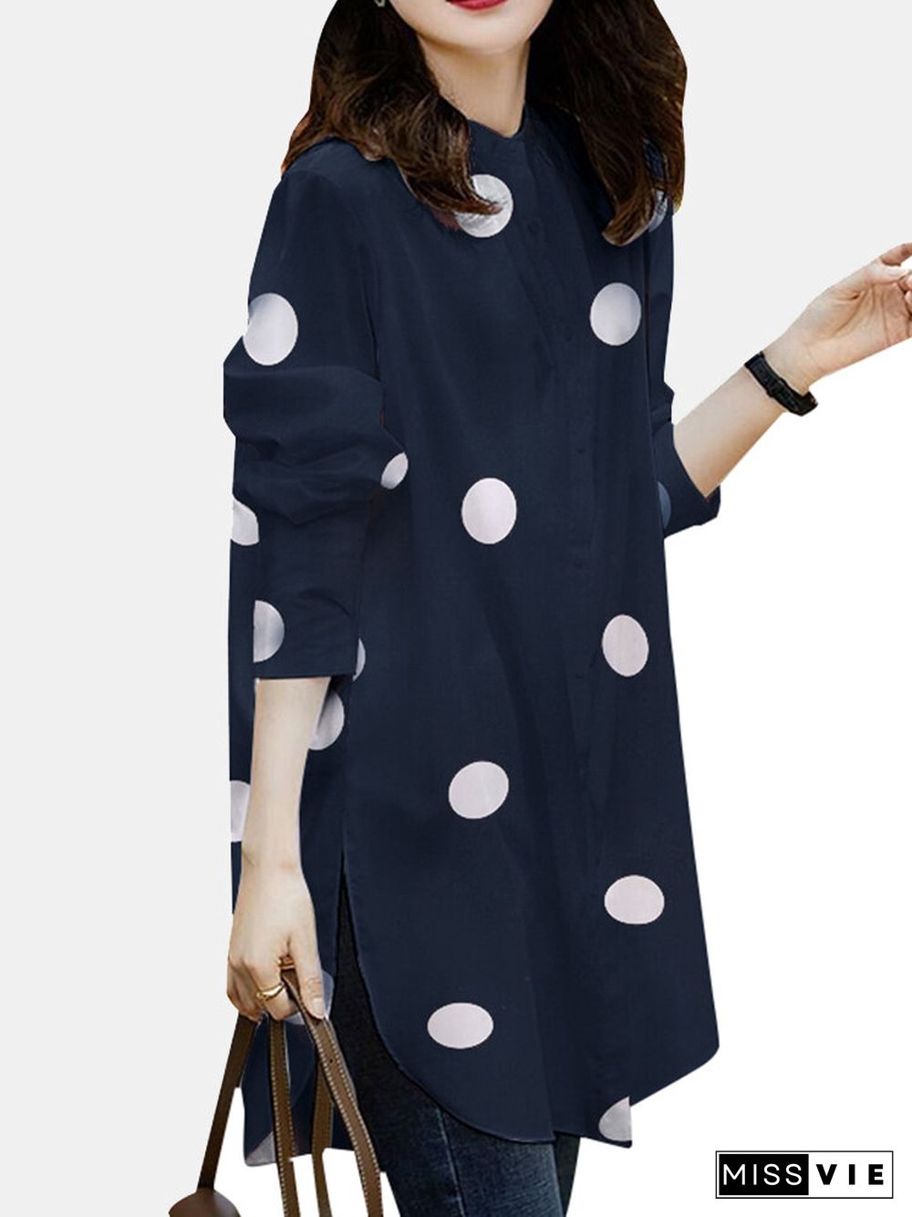 Polka Dot Button Split Long Sleeve Stand Collar Casual Shirt