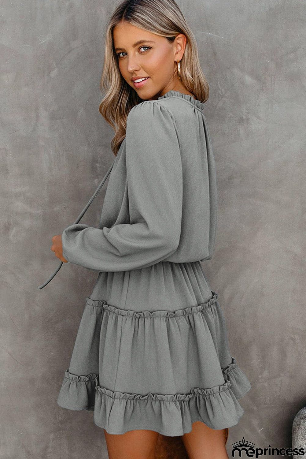 V Neck Long Sleeve Ruffle Tiered Mini Dress