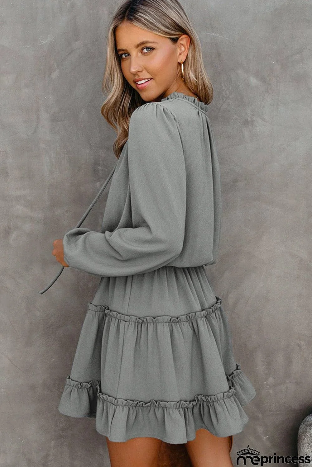 V Neck Long Sleeve Ruffle Tiered Mini Dress