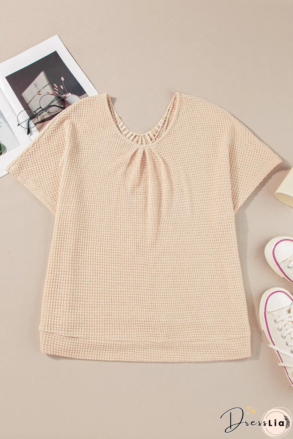 Beige Guipure Lace Insert Textured Plus Size Tee