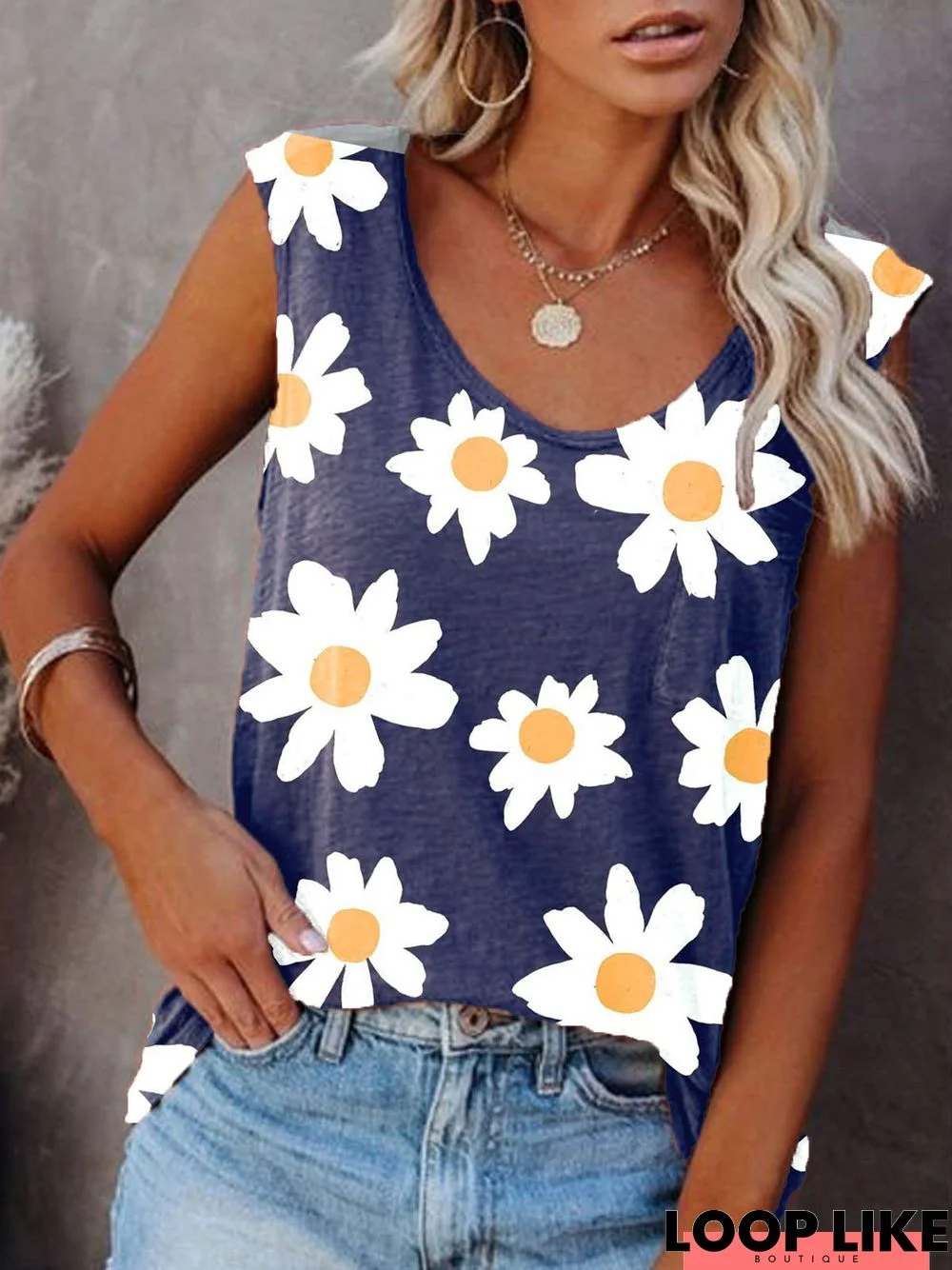 Printed Patchwork Sleeveless Casual Tank & Cami