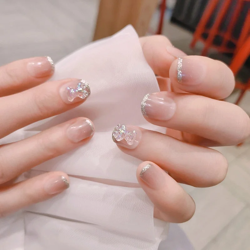 Bride Shining Rhinestone Wedding False Nails Ladies Simple Fashion French Fake Nails White Beige Acrylic Nail Tips With Glue-Nail Inspo