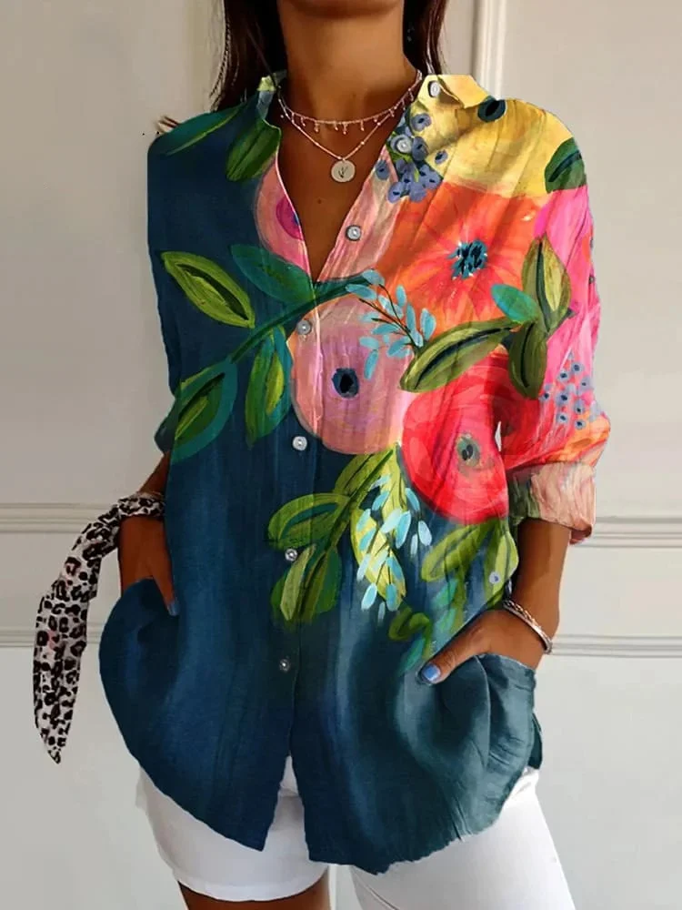 Women's  Floral Art  Print Casual Cotton Shirt
