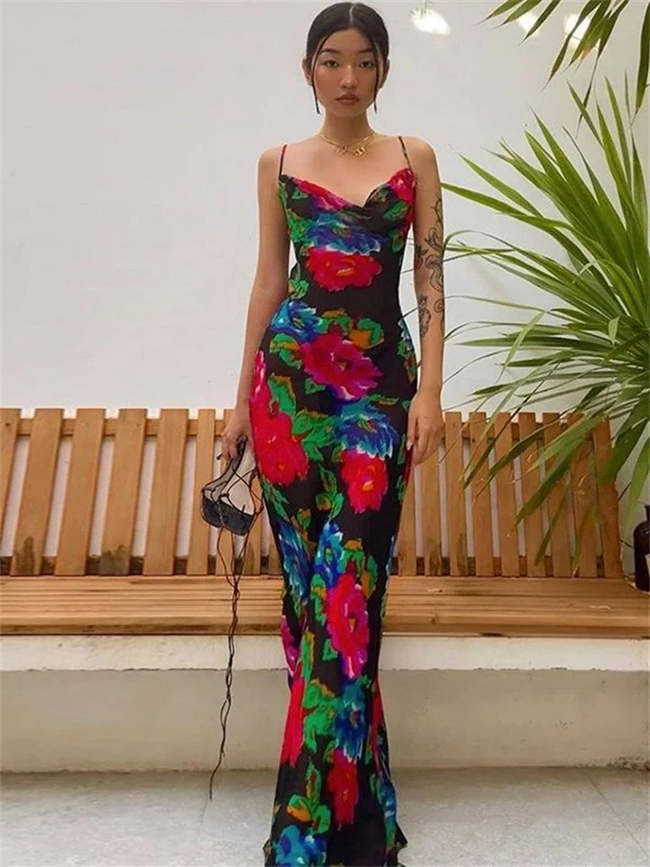 Europe and The United States Summer Holiday Women's New Sexy Print Pile Collar Halter Halter Long Dress Woman