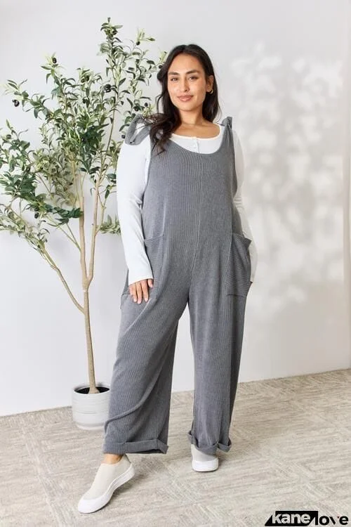 Celeste Full Size Ribbed Tie Shoulder Sleeveless Ankle Overalls