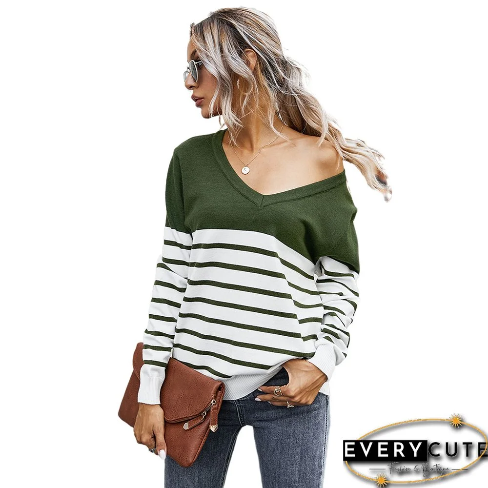 Army Green Splice Stripe Print V Neck Sweater