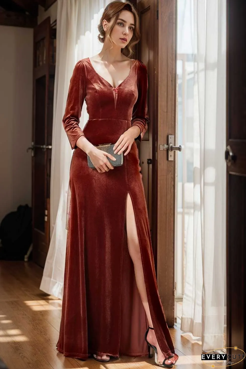 velvet 3 4 length sleeve illusion v neck front slit evening dress