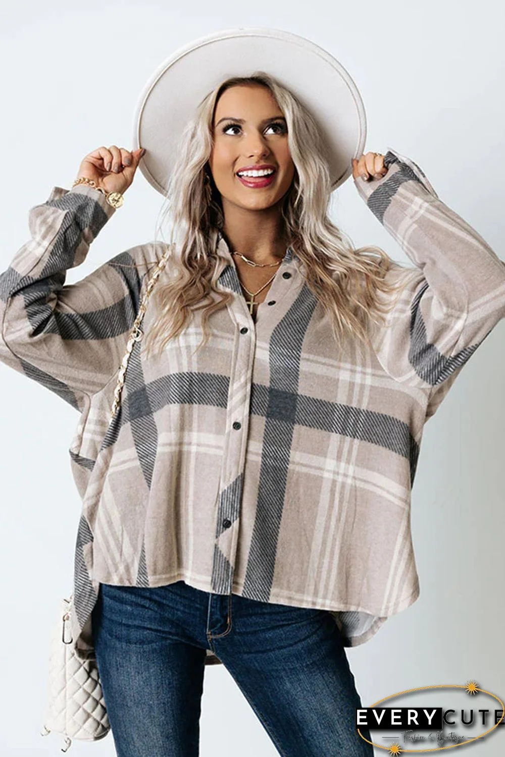 Khaki High Low Brushed Plaid Oversize Shirt