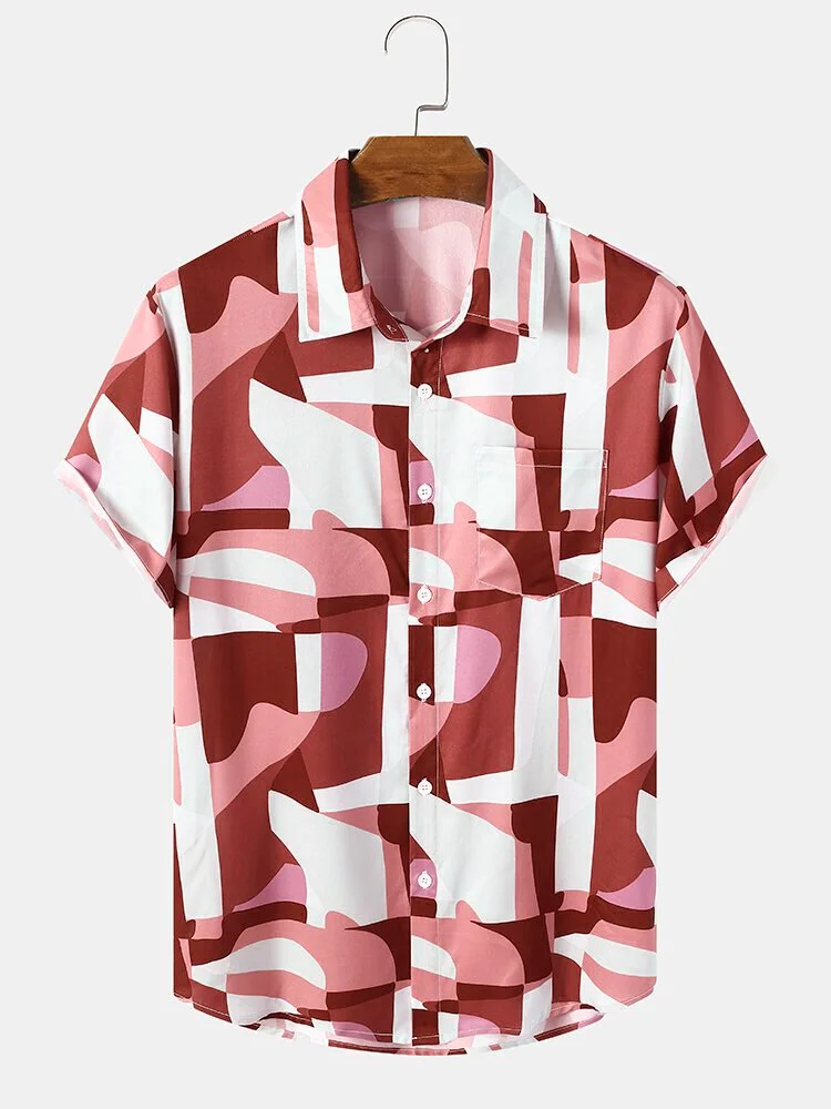 Men's Casual Hawaiian Shirt Art Geometric Print Short Sleeve Shirt