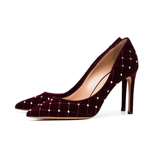 Maroon Pointy Toe Velvet Heels Studs Stiletto Heel Pumps by FSJ |FSJ Shoes