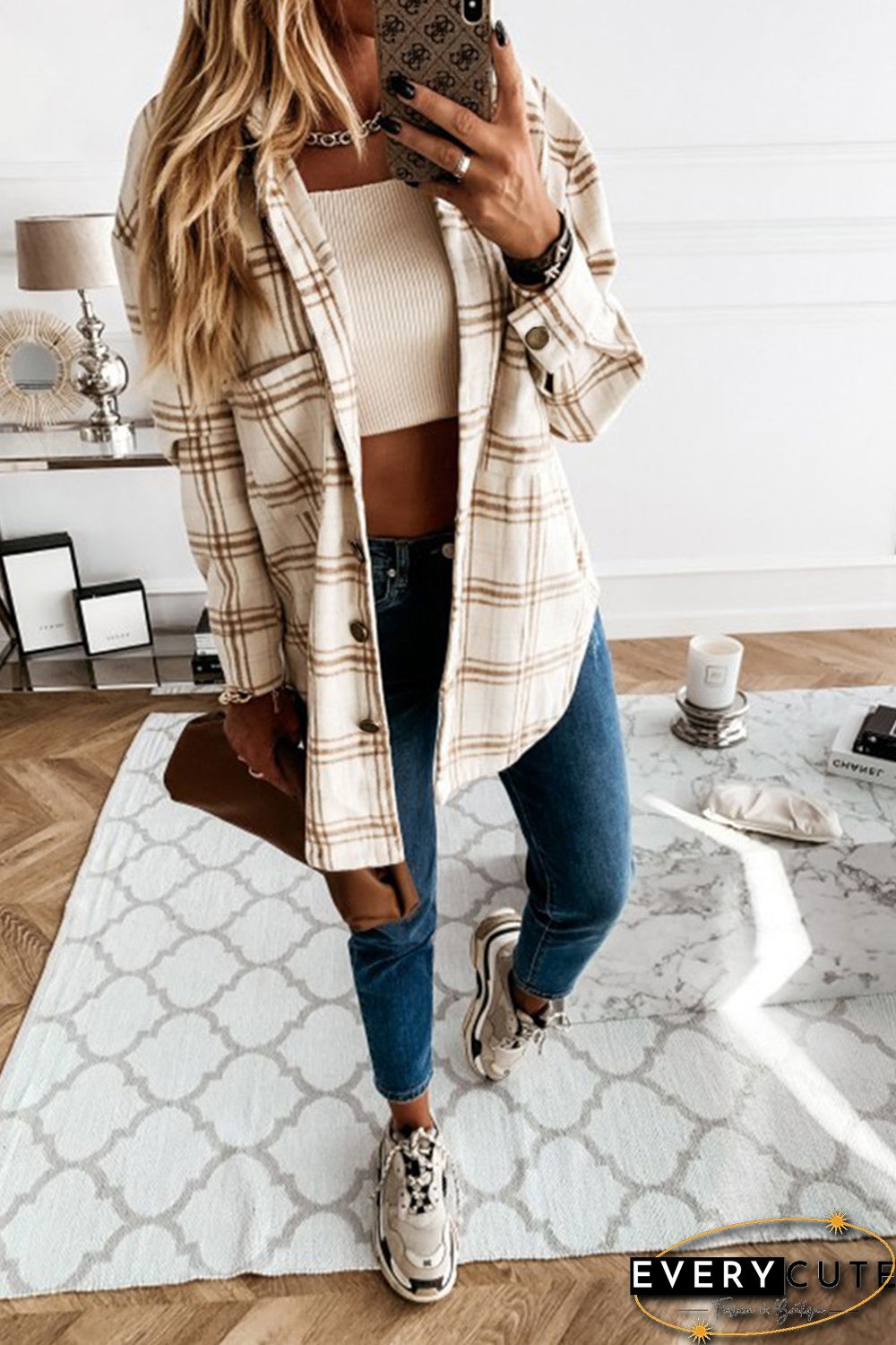 Khaki Plaid Pattern Buttoned Shirt Coat with Slits