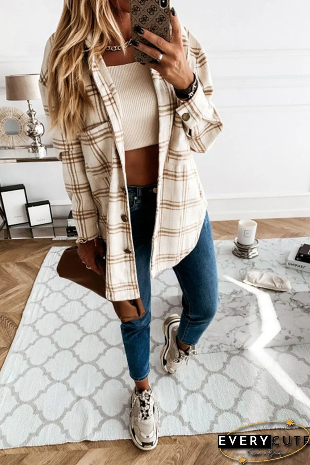 Khaki Plaid Pattern Buttoned Shirt Coat with Slits