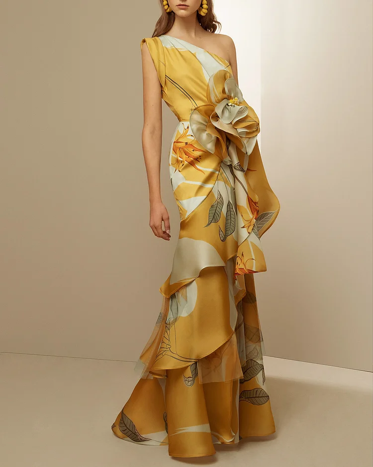 Sleek and Elegant Wrap Hip Ruffled Floral Print Dress