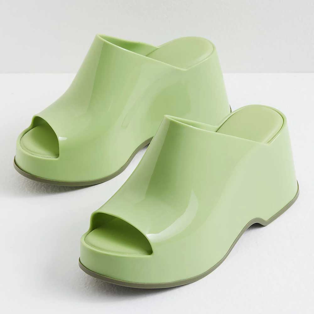Green Rubber Peep Toe 5'' Wedge Heel Stylish Platform Mules Nicepairs