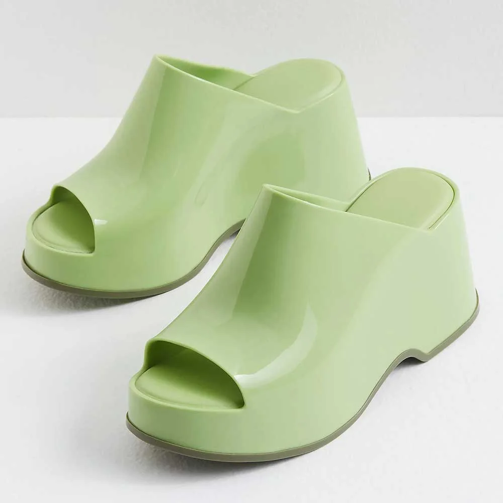 Stylish Green Rubber Peep Toe Bold Platform Wedged Heeled Mules Nicepairs