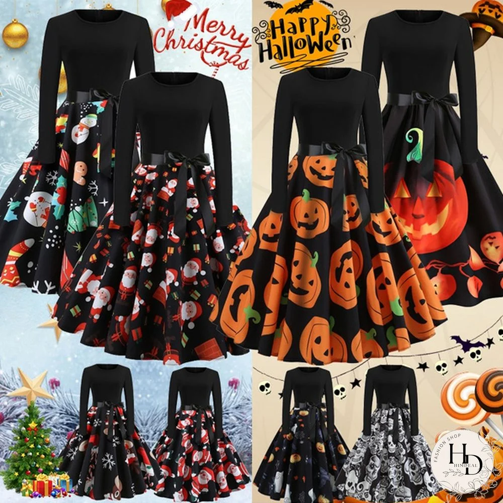 8 Colors Halloween Pumpkin Ghost Skull 3d Print Dresses Santa Claus Christmas Tree Printed Flared Swing Dresses Long Sleeve Ruched Gown Dress Xmas Festival Vestido de Mujer