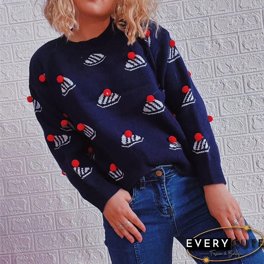 Navy Blue Christmas Hat Print Knit Pullover Sweater