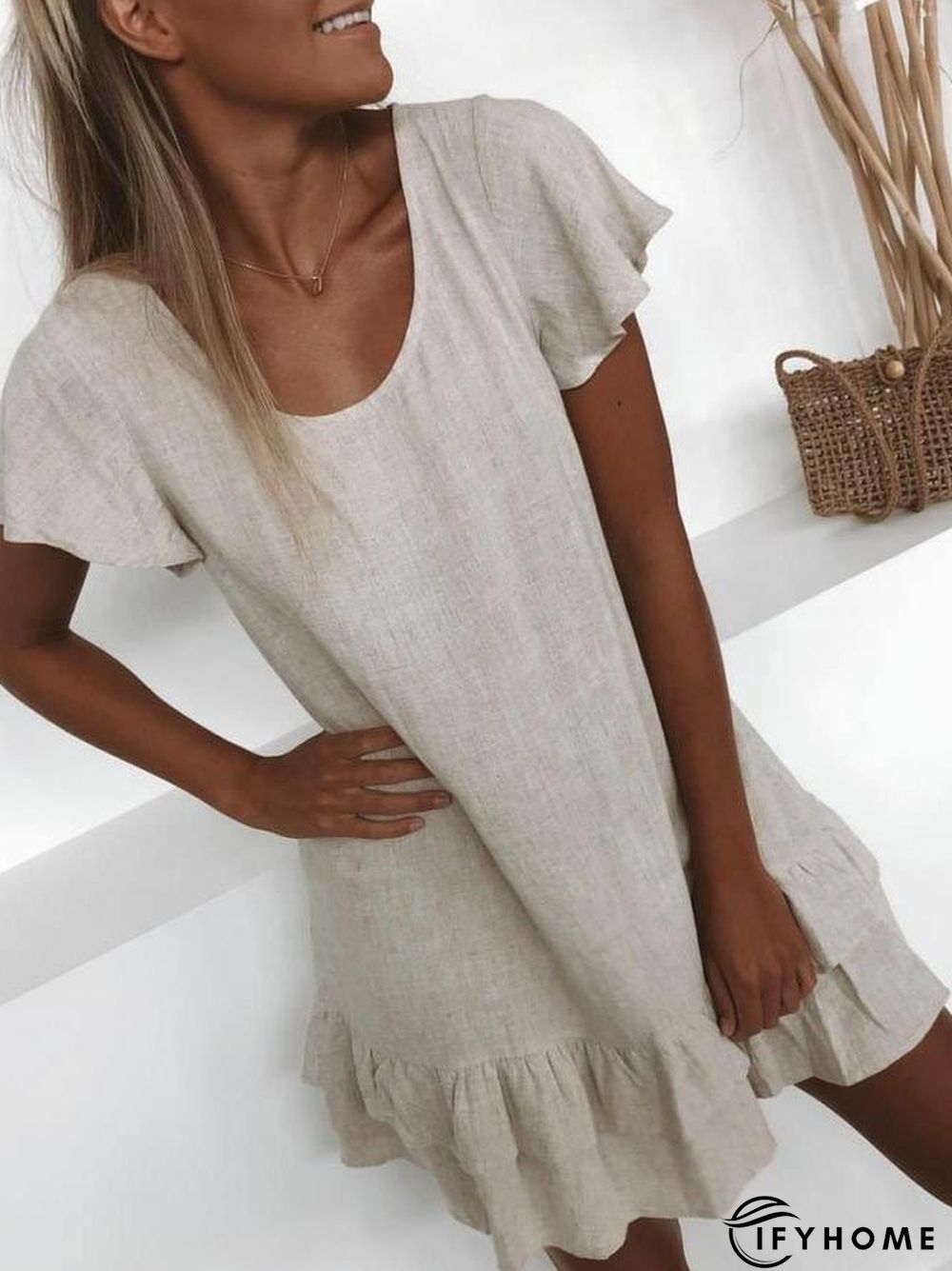 zolucky Plus Size Casual U-Neck Solid Short Sleeve Mini Weaving Dress | IFYHOME