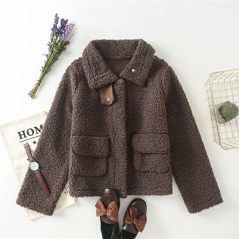 Evfer Women Winter Fashion Brown Teddy Cashmere Thick Jackets Female Casual Turn-Down Collar Pockets Faux Woolen Jacket Outwear