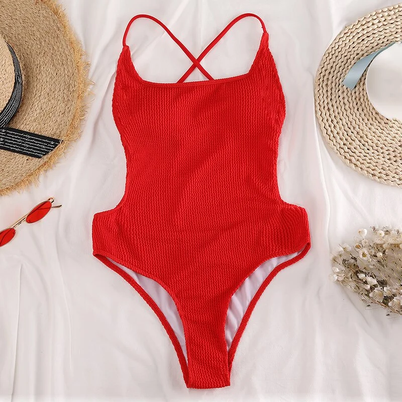INGAGA Textured Women's Swimsuit One Piece High Cut Swimwear 2022 Backless Bodysuits Sexy Monokini Bathing Suits Solid Beachwear