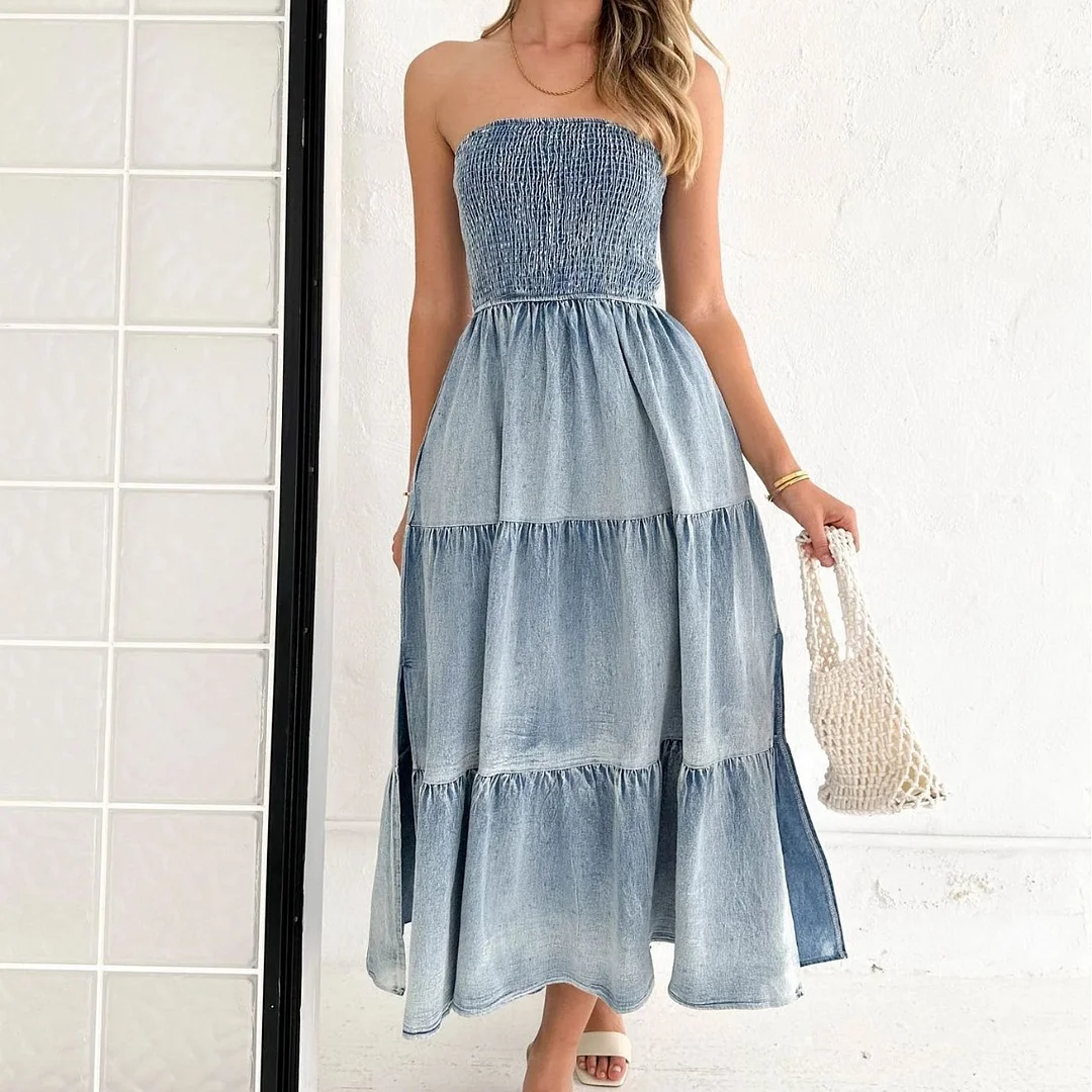 Women's Off Shoulder Elegant Ruffle Stitching Side Slit Denim Long Maxi Dress