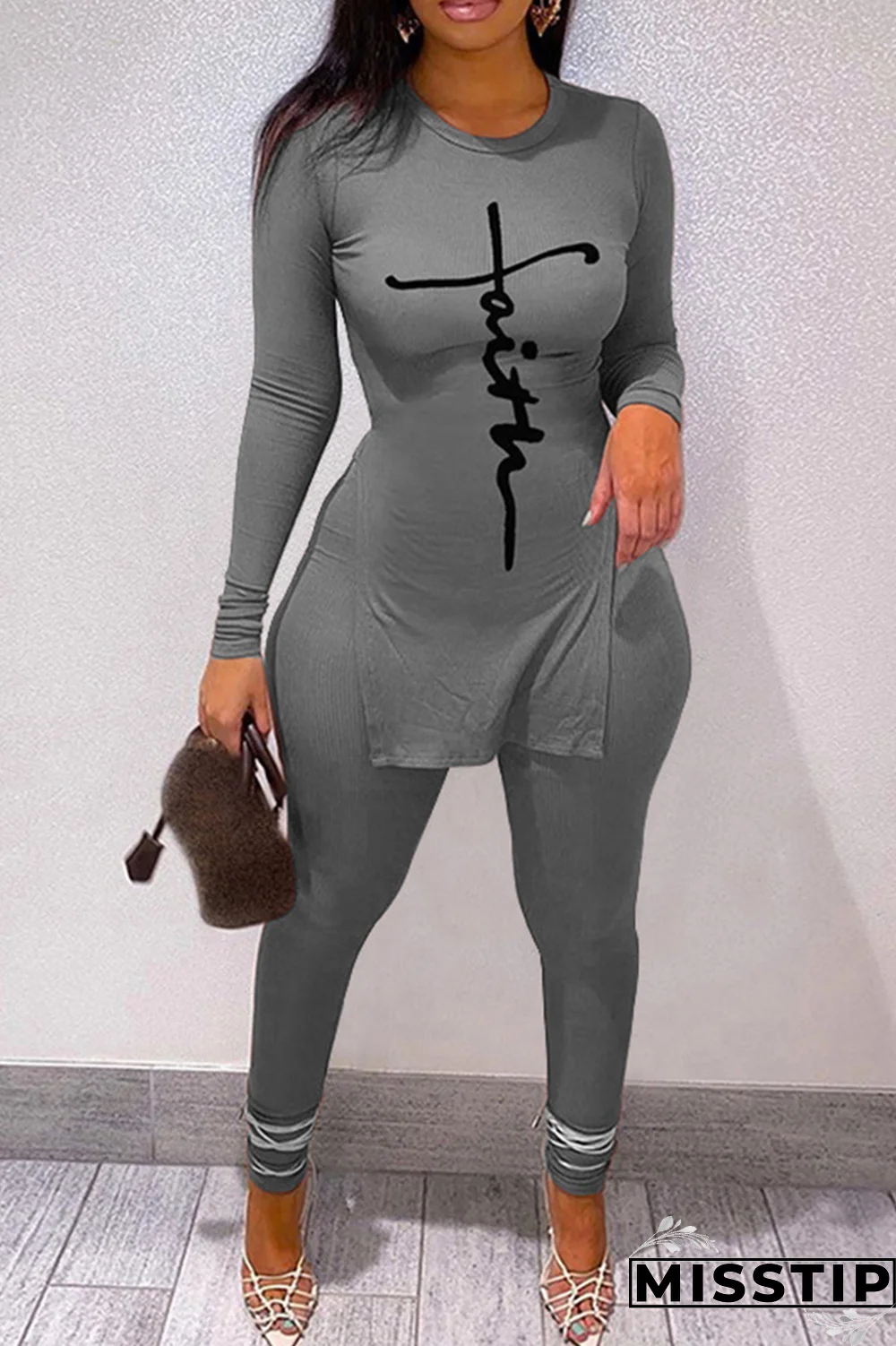 Green Casual Print Patchwork O Neck Long Sleeve Two Pieces