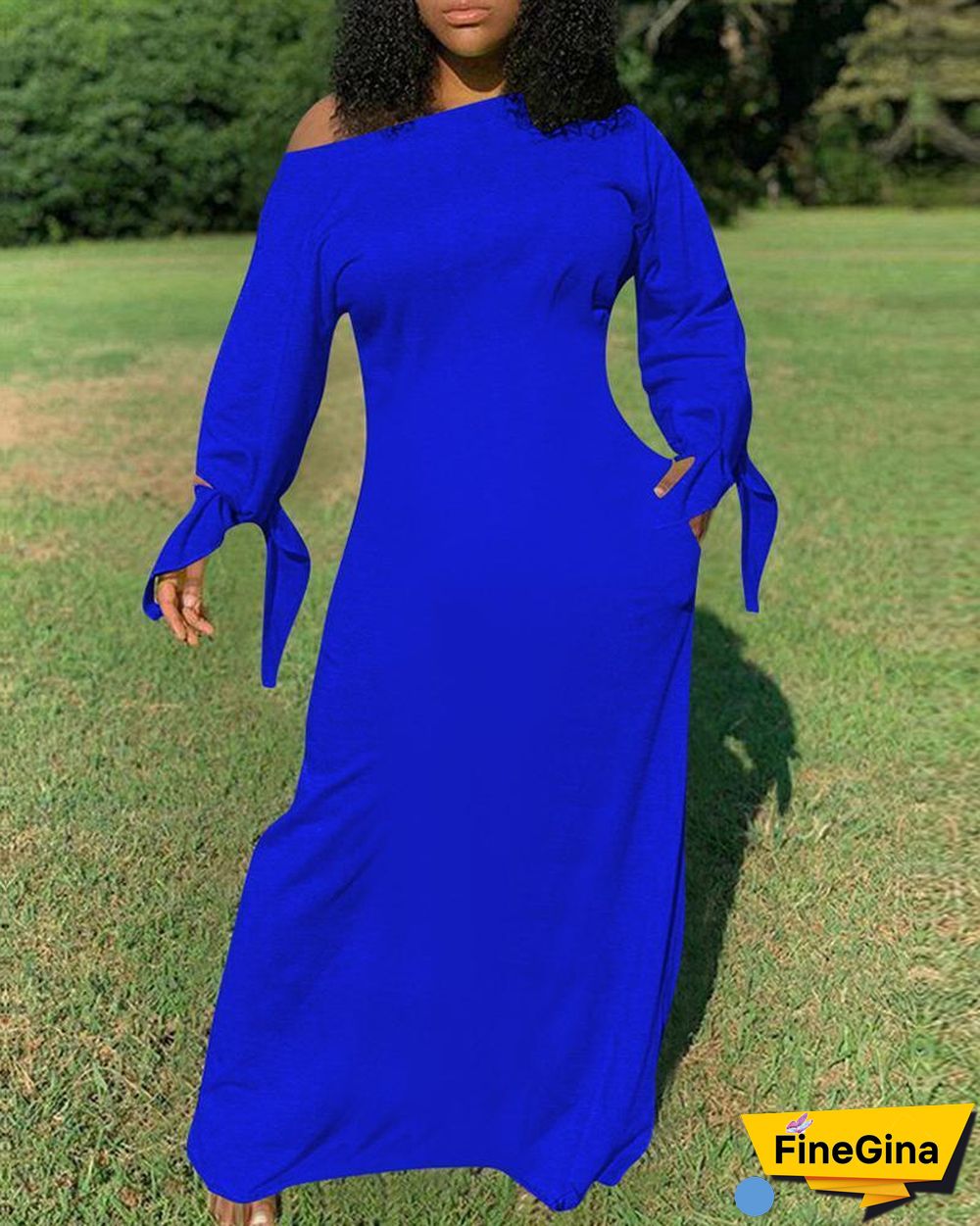 Plain Tie Detail Pocket Design Maxi Dress P14036