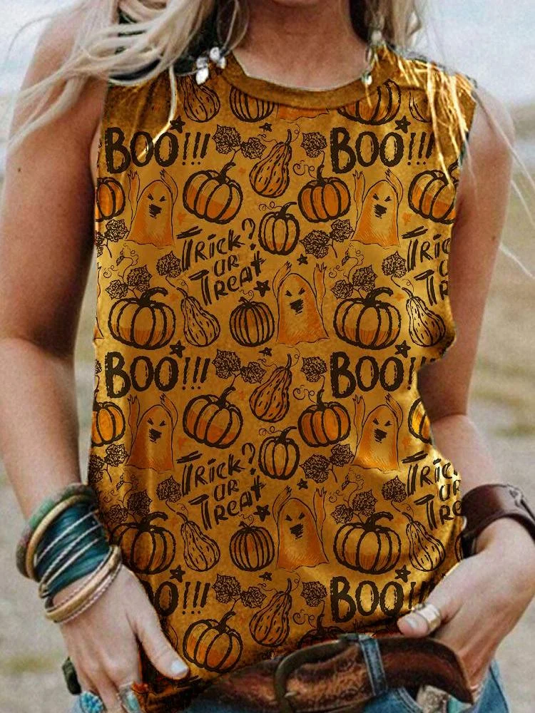 Trick Or Treat Pumpkin Ghost Printed Halloween Sleeveless Top
