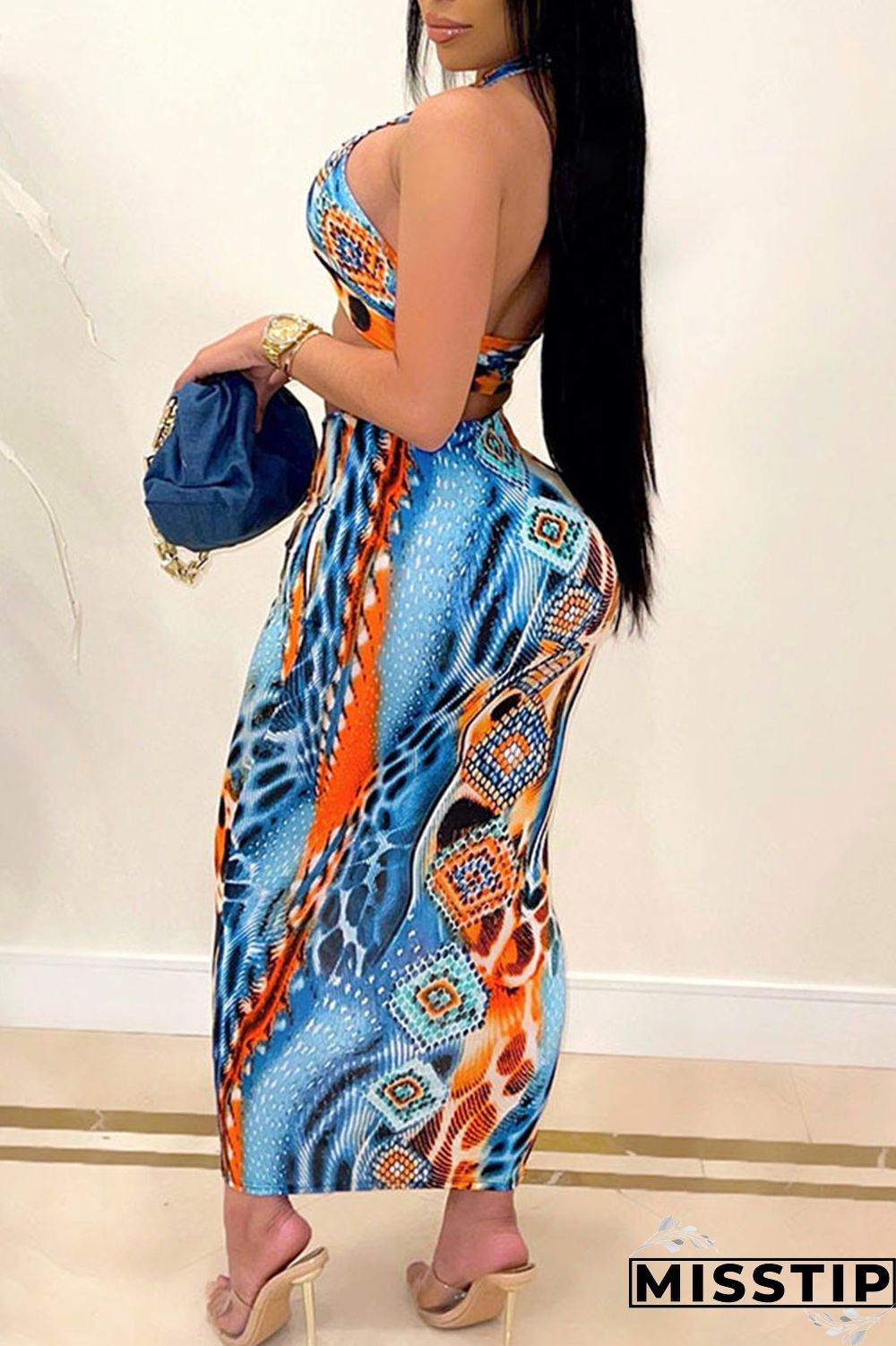 Blue Orange Sexy Print Bandage Patchwork Frenulum Fold Halter Sleeveless Two Pieces