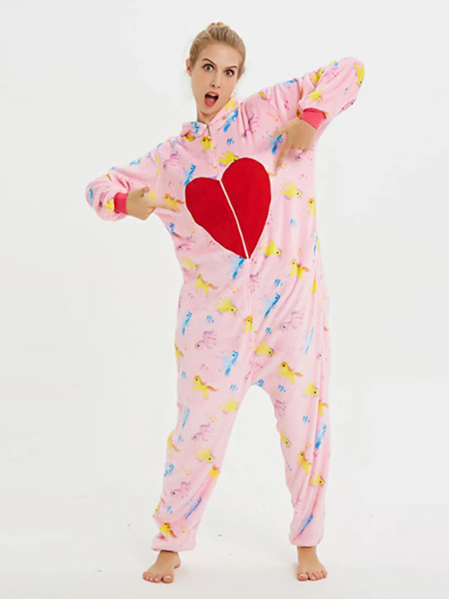 Pink Adult Pajamas Kigurumi Onesie Heart Pattern Valentine's Day Costume Novameme