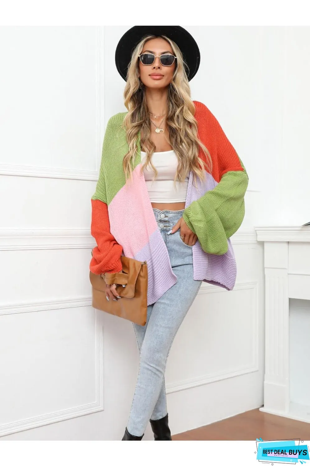 Color Block Open Front Balloon Sleeve Longline Cardigan