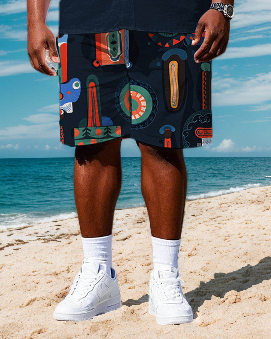 Men's Plus Size Splicing Stripe Funny Fashion Cartoon Pattern Printed Short Sleeve Shirt Shorts Set