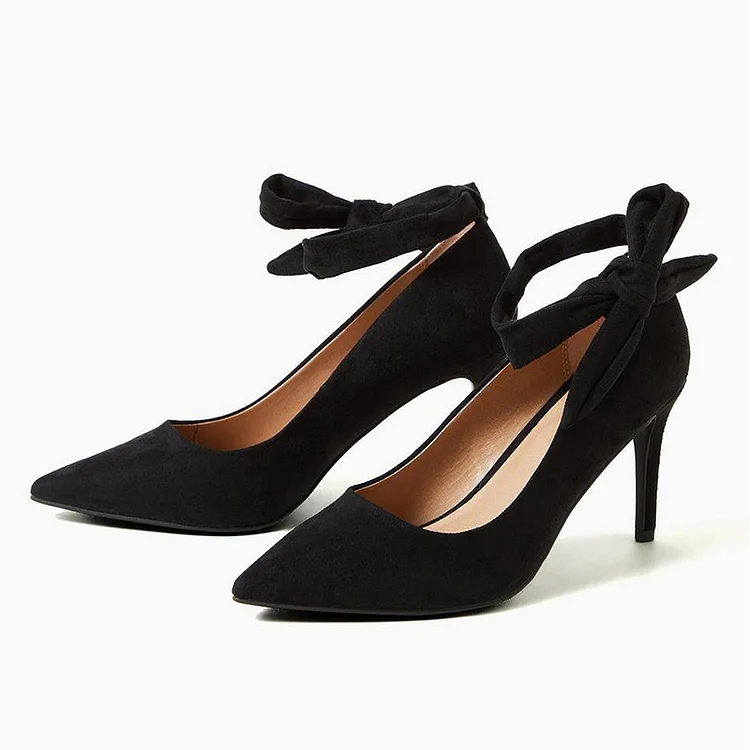 Black Ankle Strap Bow Shoes Women'S Pointed Stiletto Heels Office Suede Pumps |FSJ Shoes