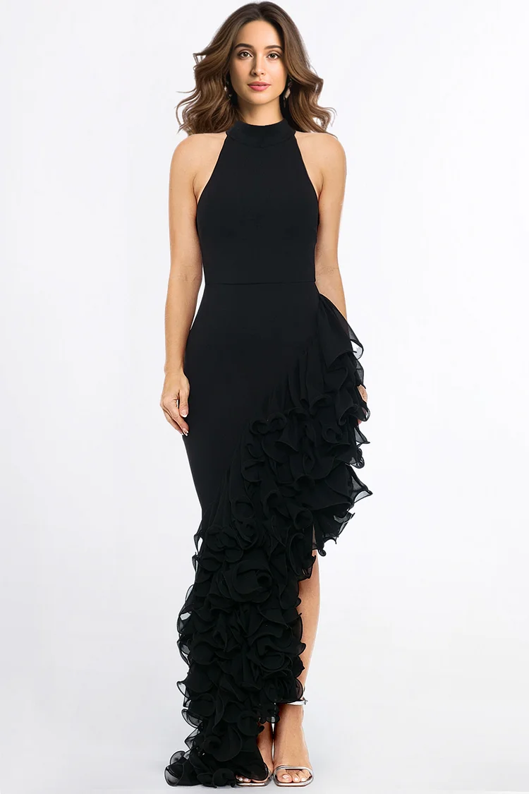 Zaruci Cocktail Black Organza Ruffle Halter Collar Asymmetrical Maxi Dress [Pre-Order]