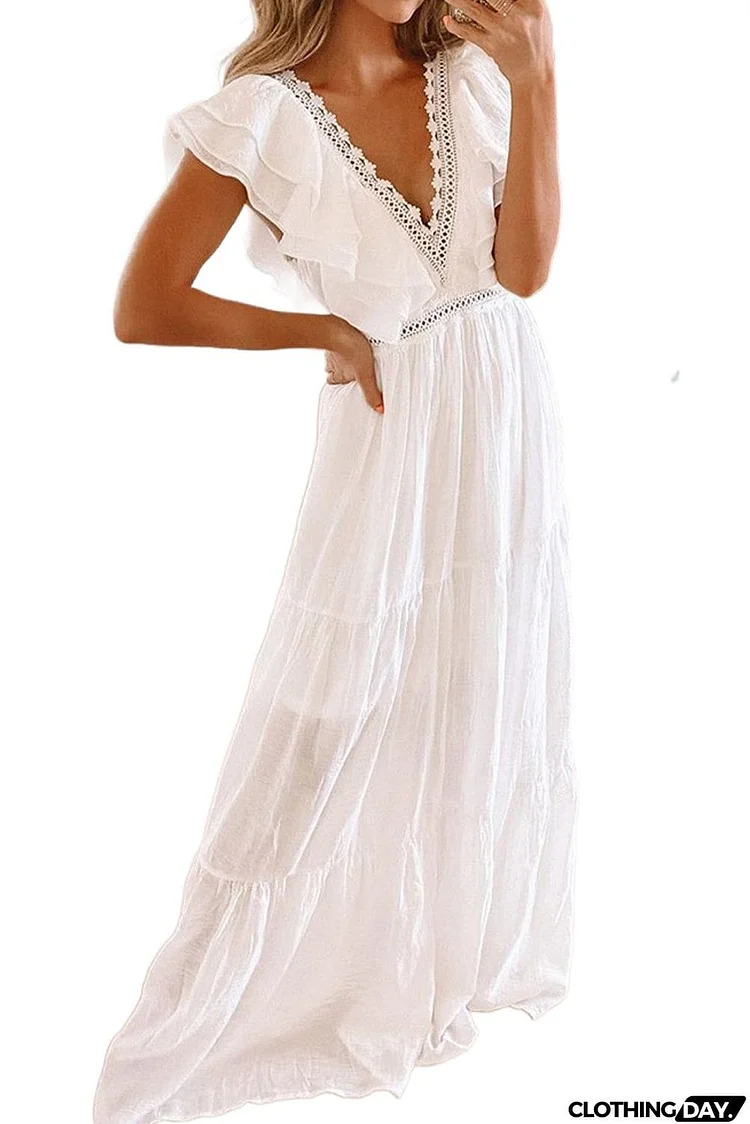 Lace Splicing Ruffled Deep V Neck Maxi Dress