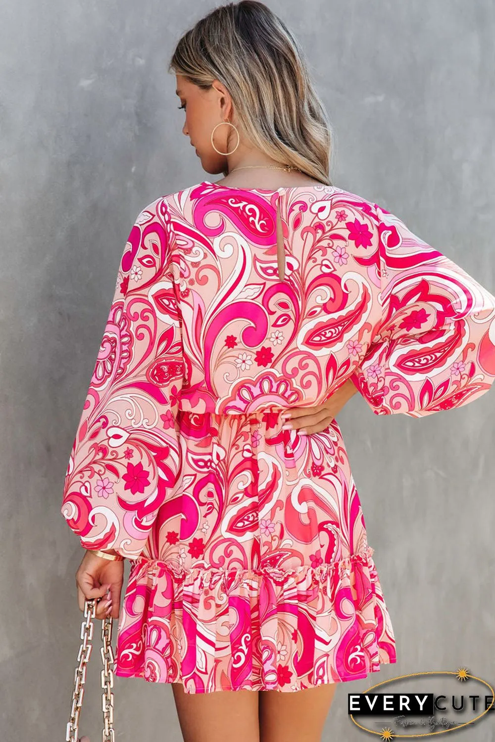 Paisley Printed Button Keyhole Back Belted Mini Dress